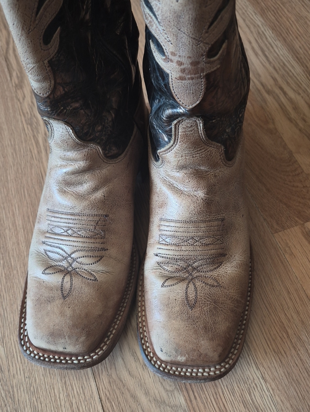 Women's Two-Tone Tan and Dark Brown Leather Cowboy Boots